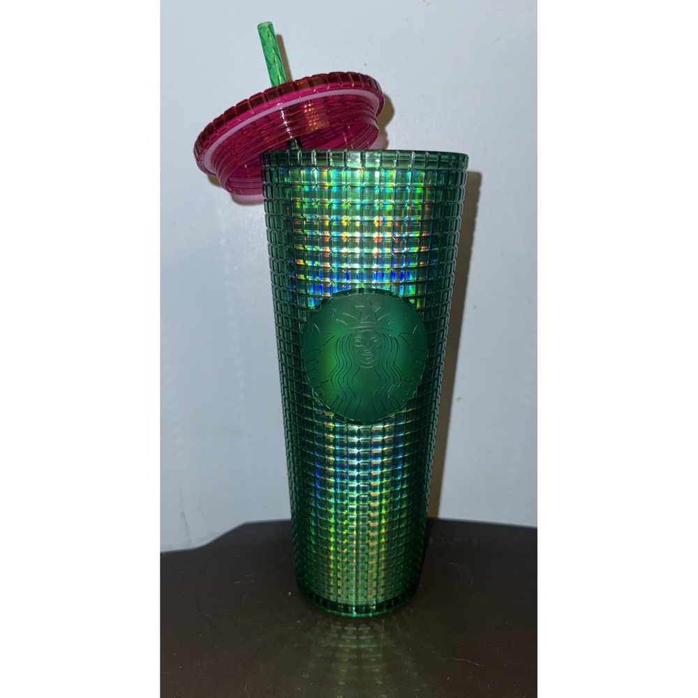 Starbucks Spring '23 WATERMELON GRID green w PINK lid 24oz Venti tumbler